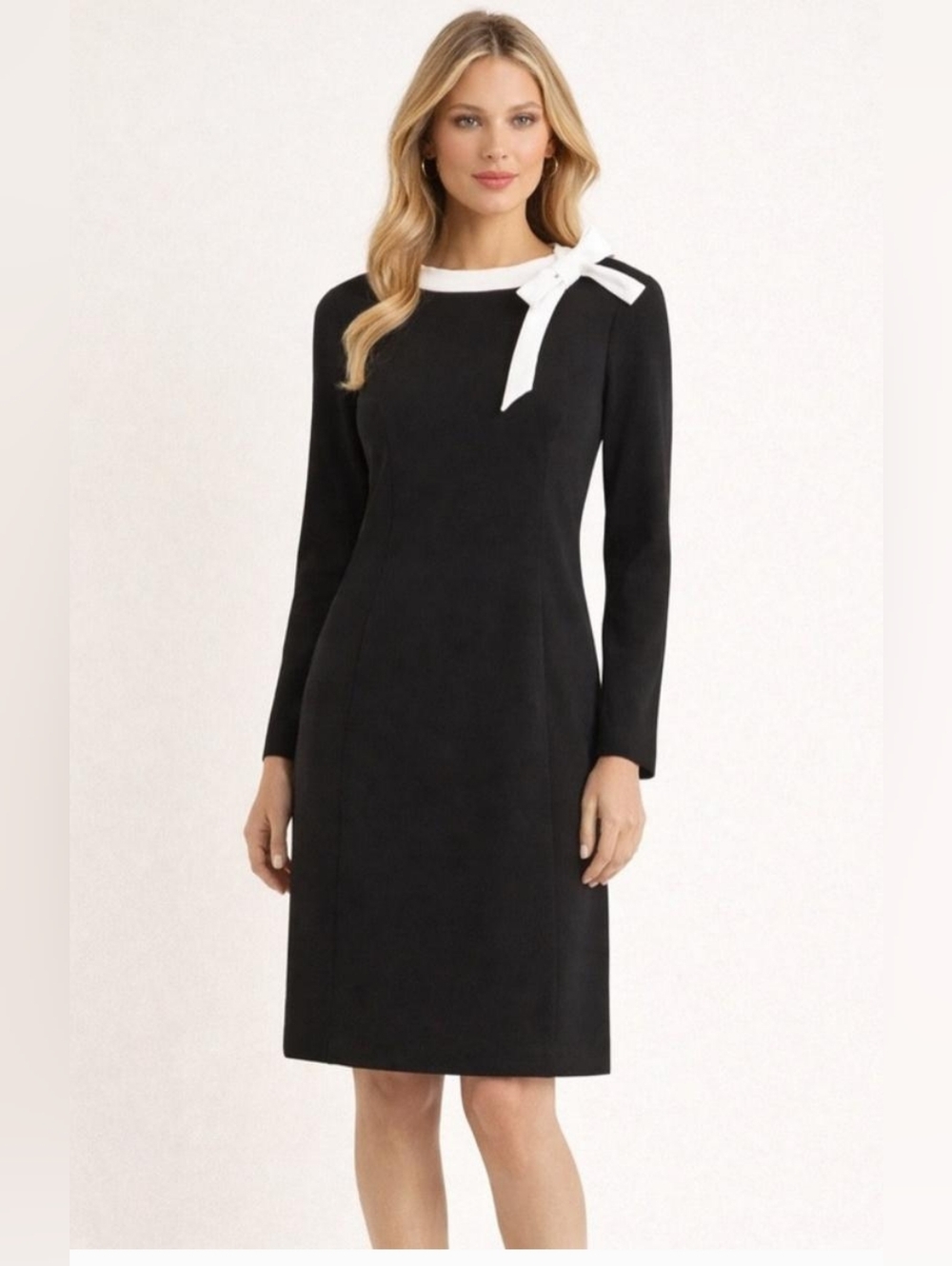 Calvin Klein Black Long-Sleeve Dress with White Bow Neckline